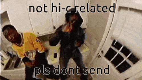 two men are dancing in a room with the words not hi-c related pls dont send below them