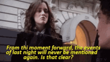 a woman talking to a man with the words from the moment forward the events of last night will never be mentioned again is that clear