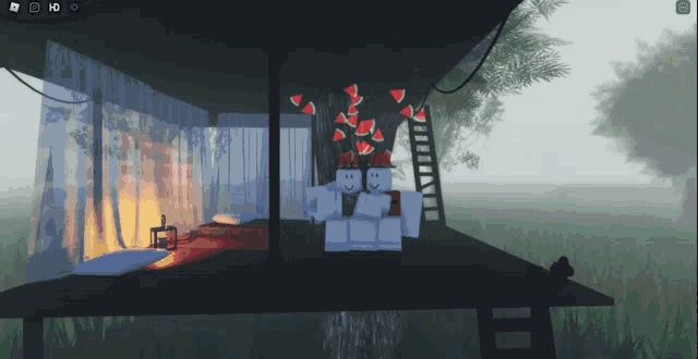 a couple of roblox characters sitting on a couch with watermelons hanging from the ceiling