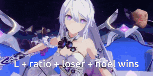 a girl with white hair and purple eyes is in a video game with the words l + ratio + loser + noel wins