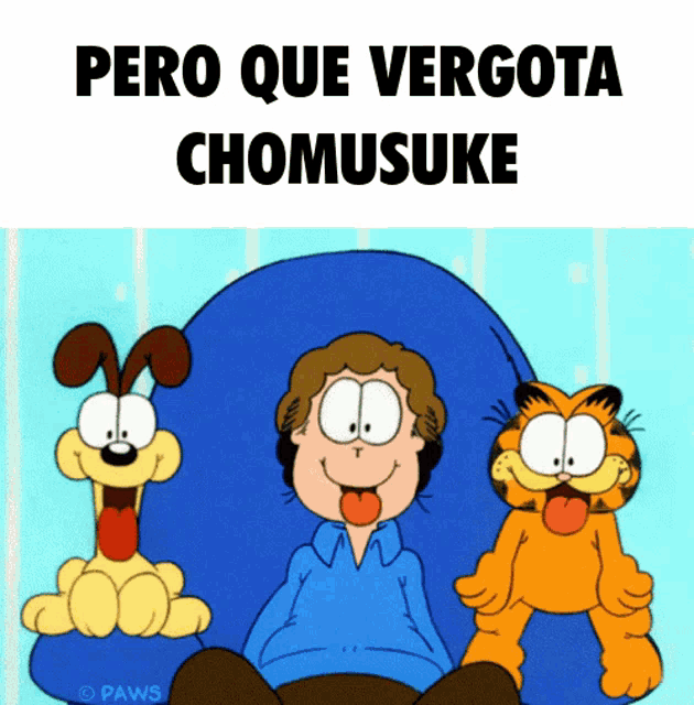 a cartoon of garfield and snoopy with the words pero que vergota chomusuke below them