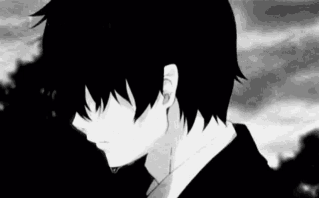a black and white drawing of a sad anime boy in a suit .