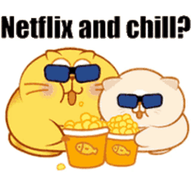 two cartoon cats wearing sunglasses are eating popcorn and watching netflix