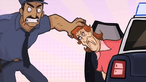 a cartoon of a police officer putting a woman in the back of a police car