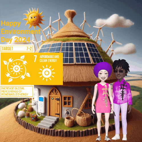 a poster for happy environment day 2024 with two dolls in front of a thatched house