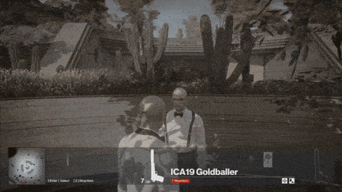 two men in tuxedos are talking in front of a building with the words " counting each company " on the screen