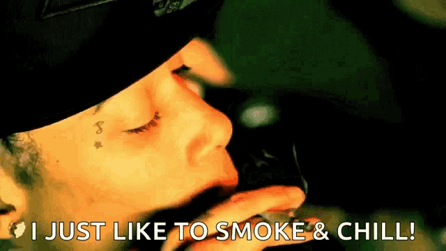 a man is smoking a cigarette with the words `` i just like to smoke & chill '' written next to him .