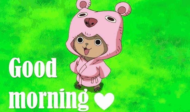 a cartoon character wearing a pink teddy bear costume with the words good morning below him