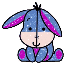 eeyore from winnie the pooh is sitting down with a crown on his head and purple ears .