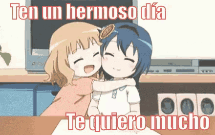 two anime girls hugging each other with the words te quiero mucho in the corner