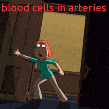 a cartoon of a woman standing in front of a door with the words blood cells in arteries