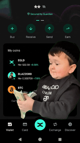 a little boy holding a bunch of money in front of a secured by guardian screen