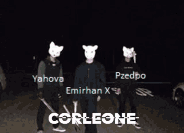 three people wearing masks and holding knives are standing next to each other with the words corleone on the bottom right