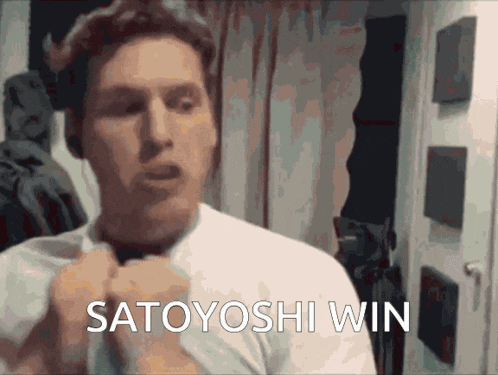 a man in a white shirt with the words satoyoshi win on the bottom