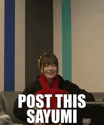 a woman sitting on a couch with the words post this sayumi written on the bottom