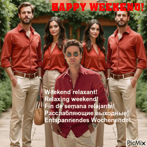 a group of men and women standing next to each other with the words happy weekend