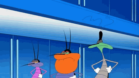 three cartoon characters are standing next to each other in a room with a blue background