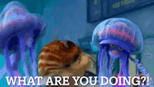 two jellyfish are standing next to a cat and a sign that says what are you doing