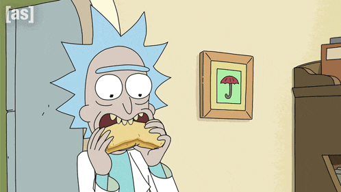 a cartoon of rick from rick and morty eating a piece of food