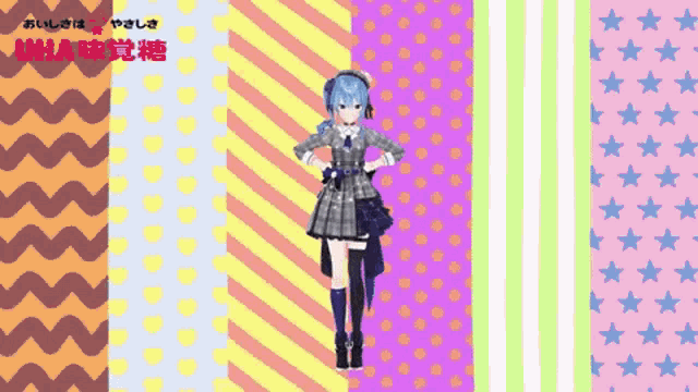 a girl with blue hair is standing in front of a colorful background with the word uha in red