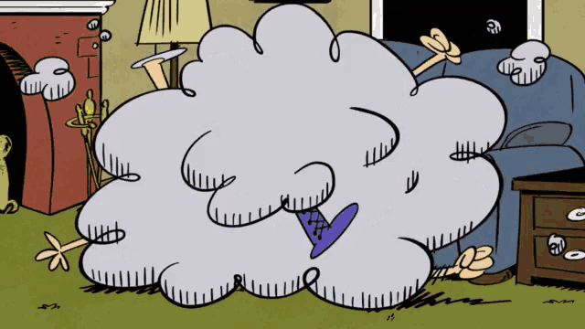 a cartoon drawing of a person sitting on a couch with a white cloud behind them