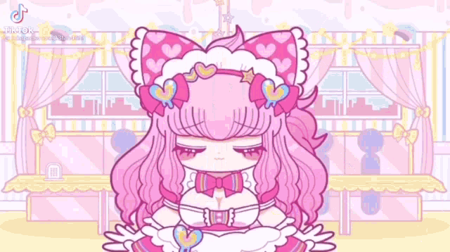 a cartoon of a girl with pink hair wearing a pink dress and a pink hat .
