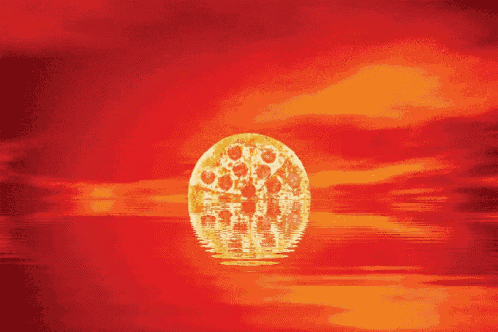 a sunset with a pizza shaped sun in the water
