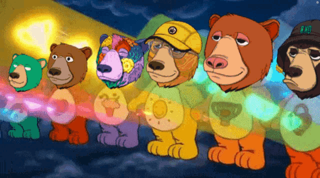 a group of cartoon bears are standing next to each other wearing shirts with numbers on them
