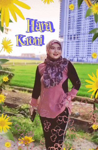 a woman in a pink shirt and black pants is surrounded by yellow flowers and the name hana koni