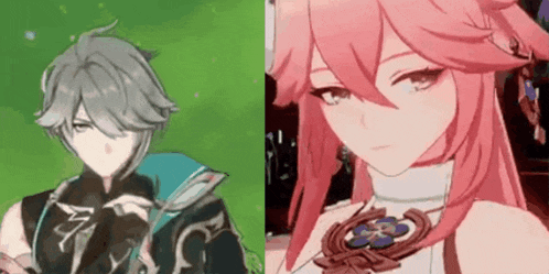 a boy and a girl are standing next to each other in a video game . the girl has pink hair .