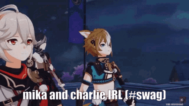 a couple of anime characters standing next to each other with the caption mika and charlie