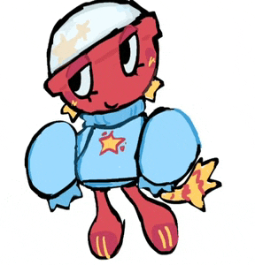 a drawing of a red cartoon character wearing a blue sweater