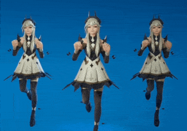 three images of a girl in a dress with diamonds on it dancing on a blue background