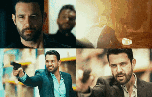 a man in a suit is pointing a gun