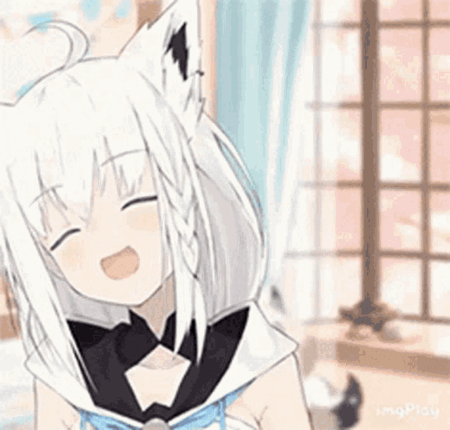 a white haired anime girl with a cat ear is sitting in front of a window .