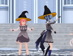 two anime girls wearing witch hats are dancing in front of stairs .