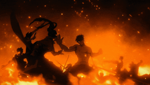 a silhouette of a man with a sword standing in front of a fire