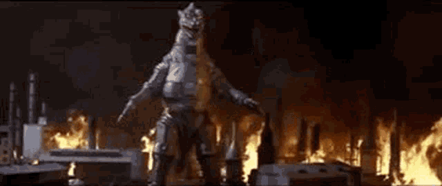 a monster is standing in front of a burning city in a movie .