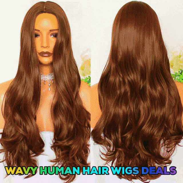 a woman wearing a long brown wig with the words wavy human hair wigs deals