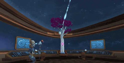 a computer generated image of a room with a tree and a monitor that says ' 00 '