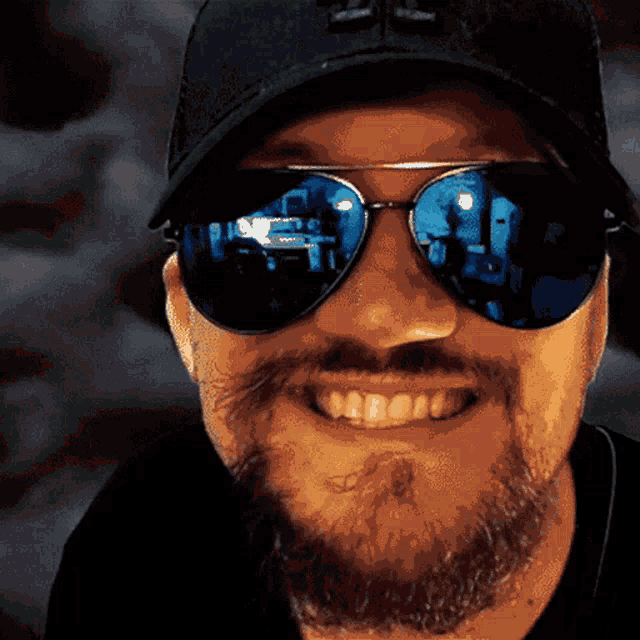 a man with a beard wearing sunglasses and a hat