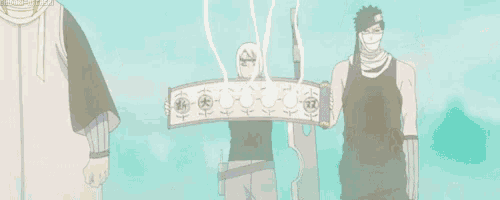 a group of people are standing next to each other holding swords and a sword .