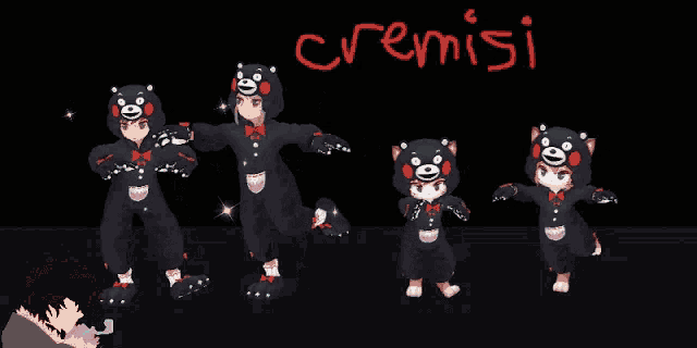 a drawing of a boy in a bear costume with the word cremisi written in red