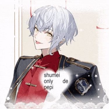 a boy with white hair and a red shirt has a heart that says shumei only de pepi on it