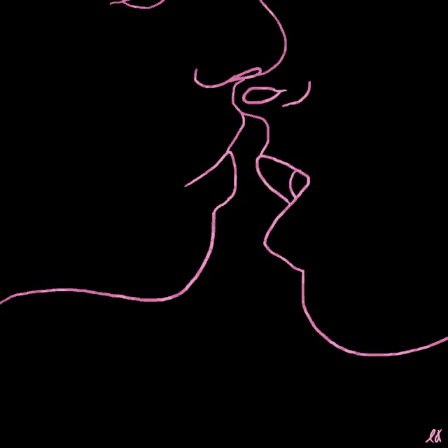 a drawing of a man and woman kissing with the letters lk visible