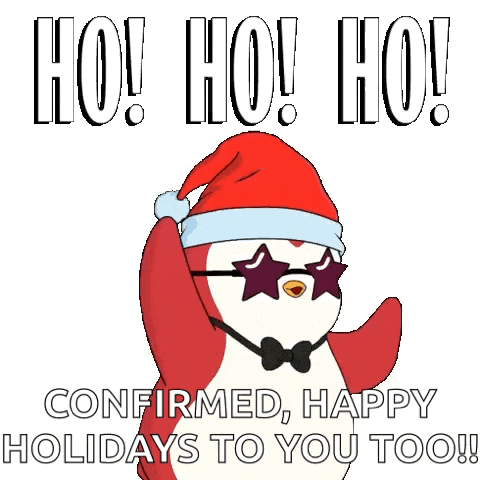 a penguin wearing a santa hat and sunglasses says ho ho ho confirmed happy holidays to you too
