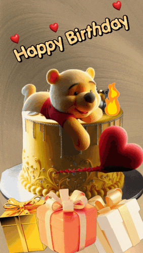 a happy birthday card with winnie the pooh laying on top of a cake
