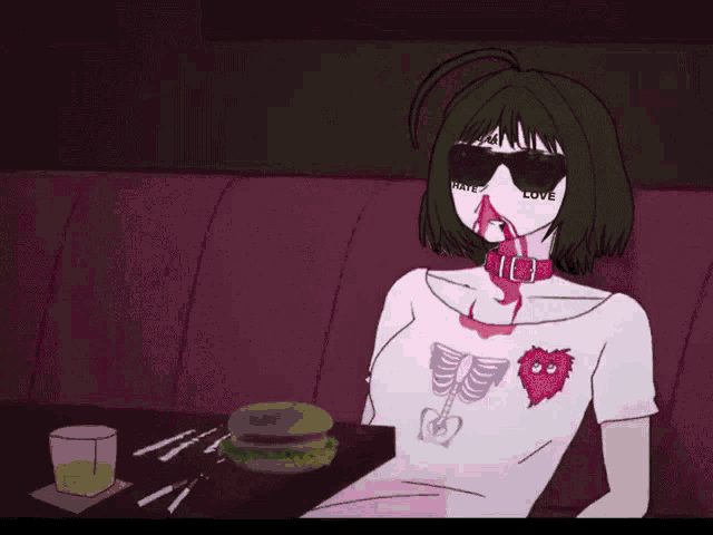 a cartoon of a girl wearing sunglasses and a shirt that says hate love on it
