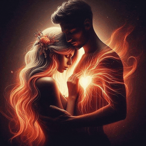 a painting of a man and woman hugging with a heart in the middle