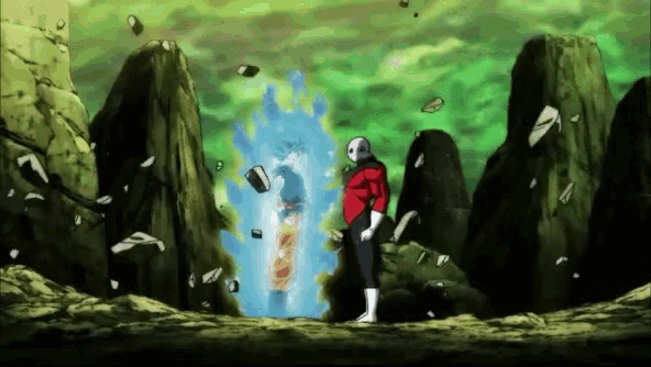 a man in a red jacket is standing in front of a blue light coming out of a hole in the ground .
